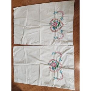 Vtg  pair Embroidered Cross Stitch Pillow Cases Floral Heart Pillowcases